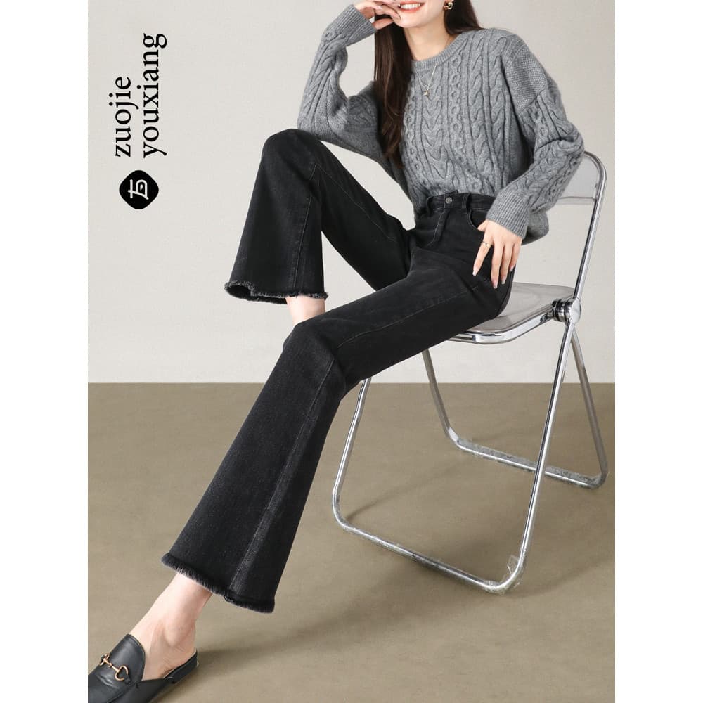 Jeans de lã preta feminino inverno 2026 novo estilo cintura alta Slim fit tornozelo comprimento desgastado grosso