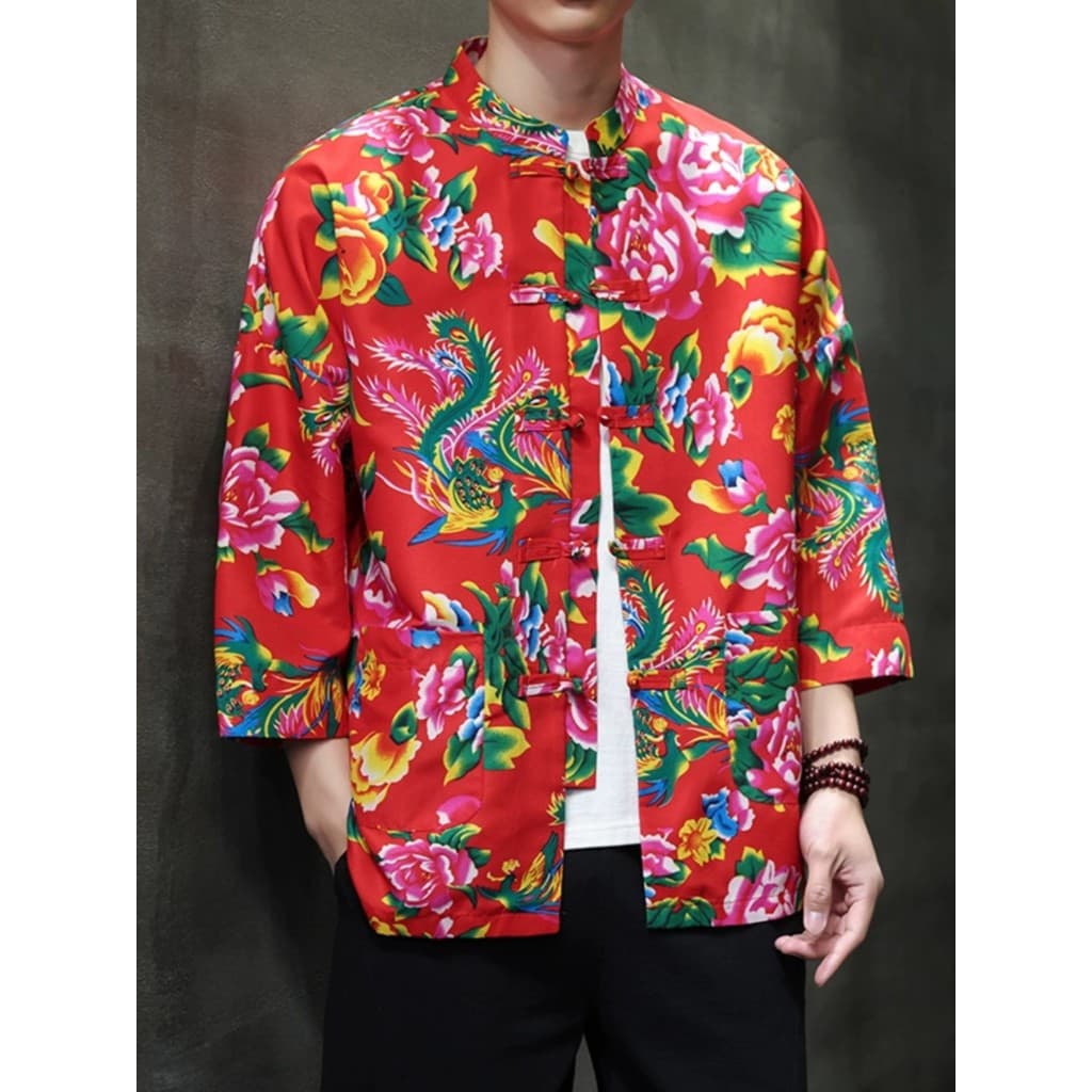 Influenciador Nordeste Flor Grande Camisa de Manga Média Estilo Chinês Retro Abotoado Tang Terno Hanfu Top de Manga Curt