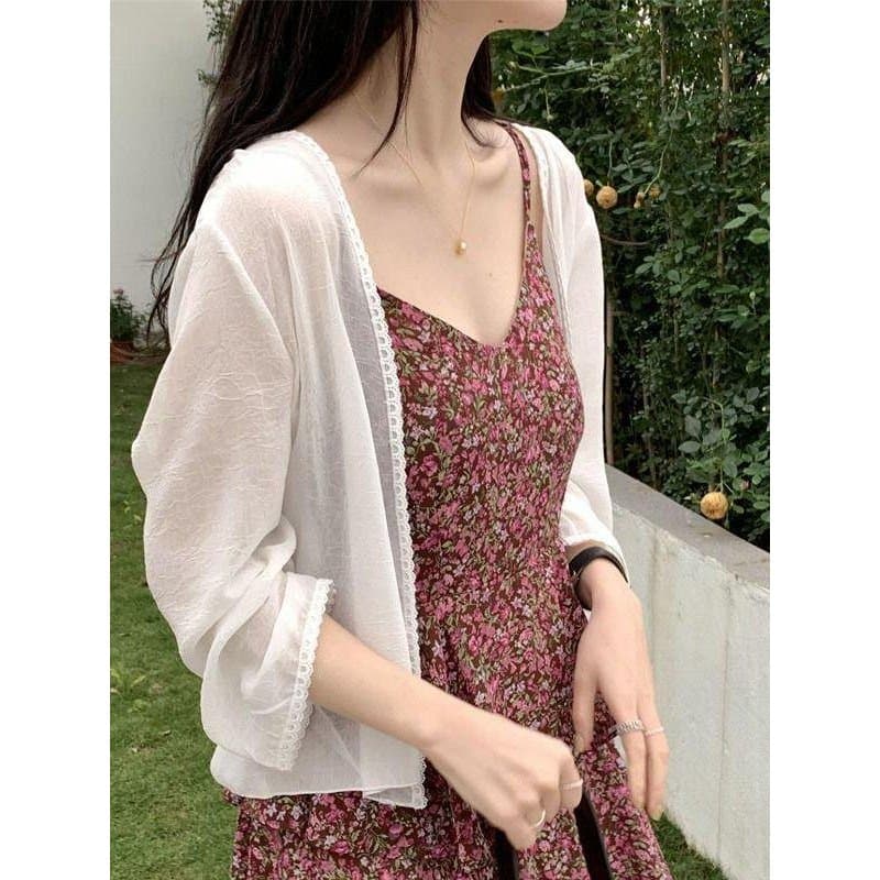 Solto rendas Chiffon protetor solar roupas femininas 2025 verão nova fina praia Cardigan jaqueta pequena feminina topo j
