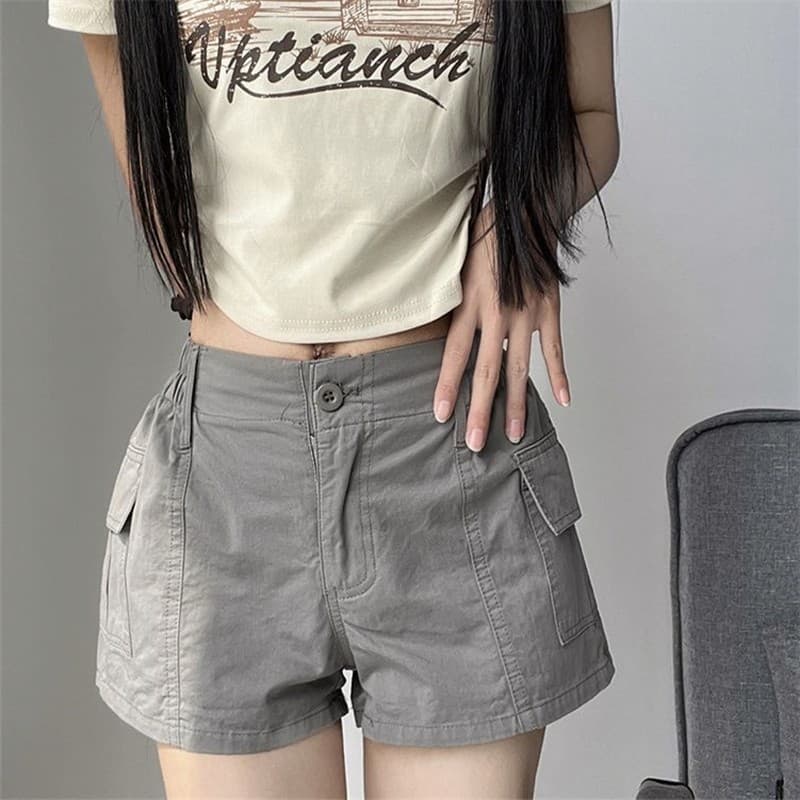 Verão gelo americano Design simples cintura elástica bolso macacão Shorts calças femininas All-Match esportes Fitness ca