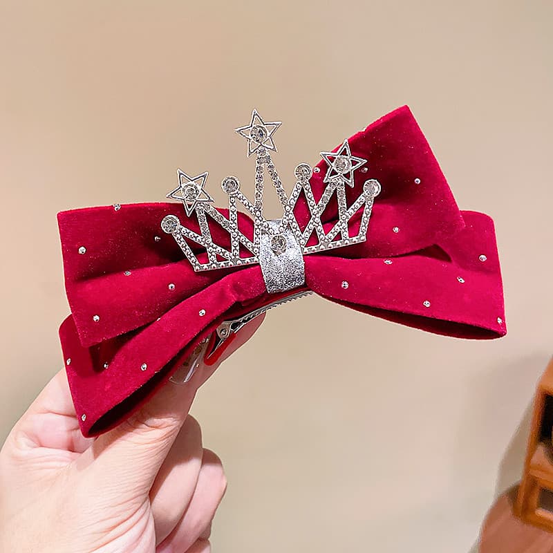 Borgonha veludo arco grampo de cabelo diamante-cravejado coroa estrela enfeite estilo princesa crianças cocar requintado