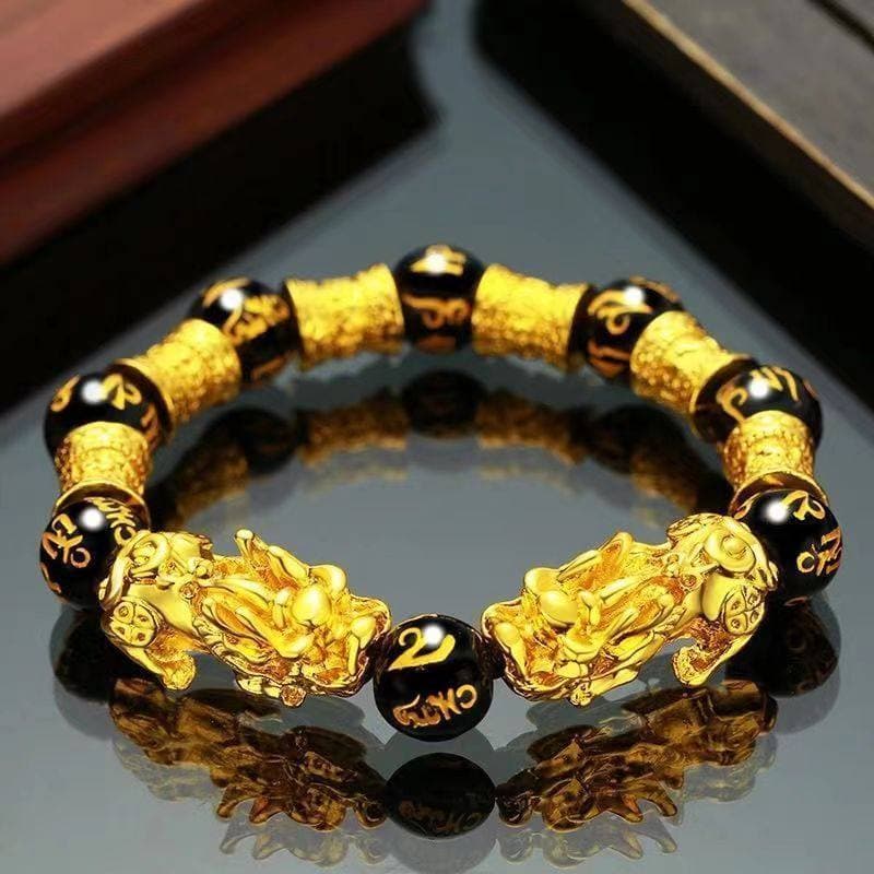 pulseira masculina pulseira Grande pulseira Pixiu masculina de seis caracteres provérbios Fulu duplo todo dourado amarel