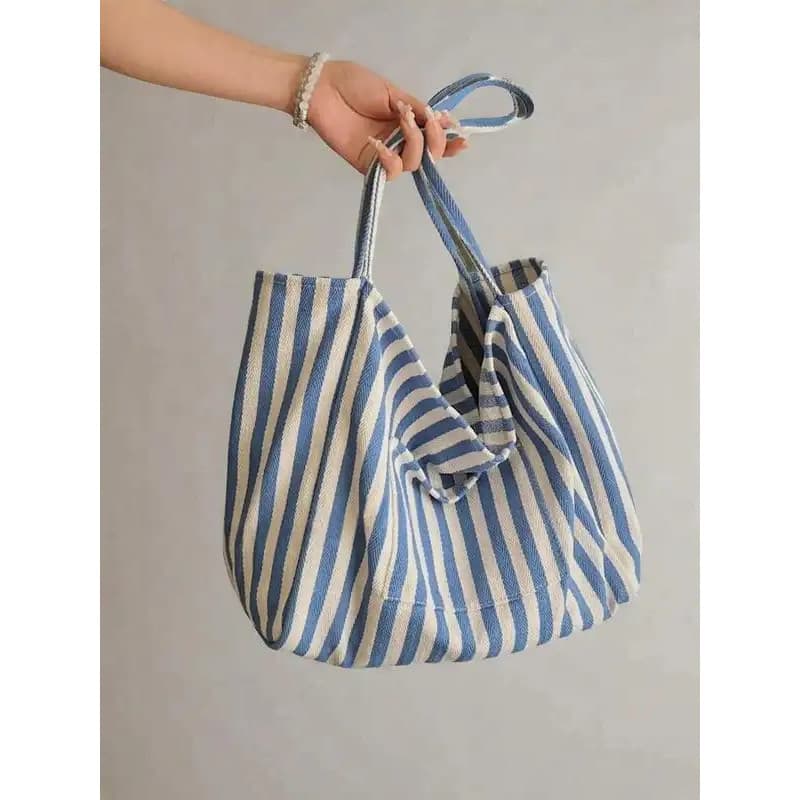 Bolsa Tote de Lona Minimalista e Casual para Mulheres, com Padrão Listrado Simples, para Volta às Aulas, Bolsa de Ombro