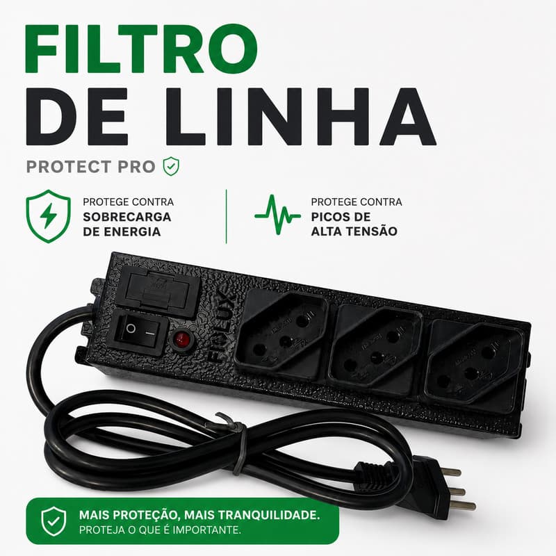 Filtro de Linha 20A Régua de 3 Tomadas Extensão Elétrica Fiolux Linha de Alimentação C/ Fusível