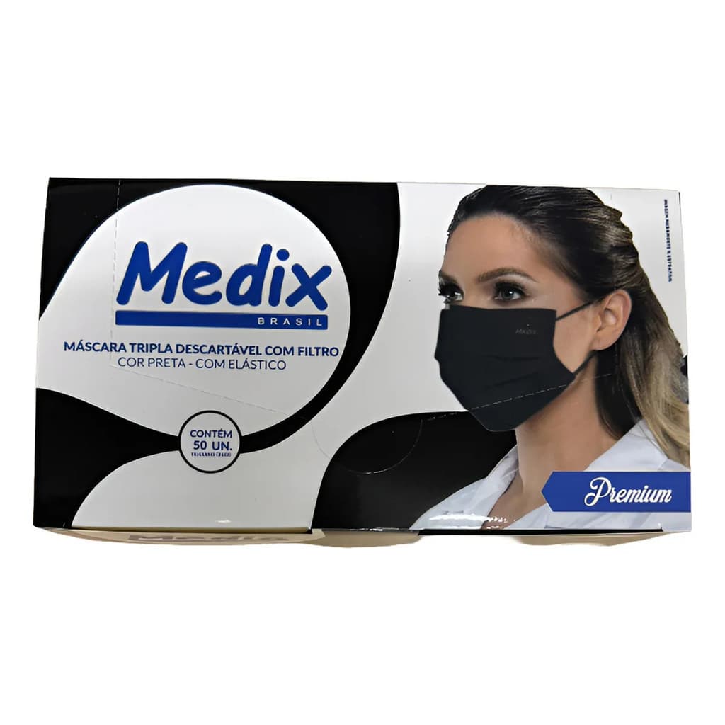 MÁSCARA PRETA TNT TRIPLA ELÁSTICO  50UN - MEDIX