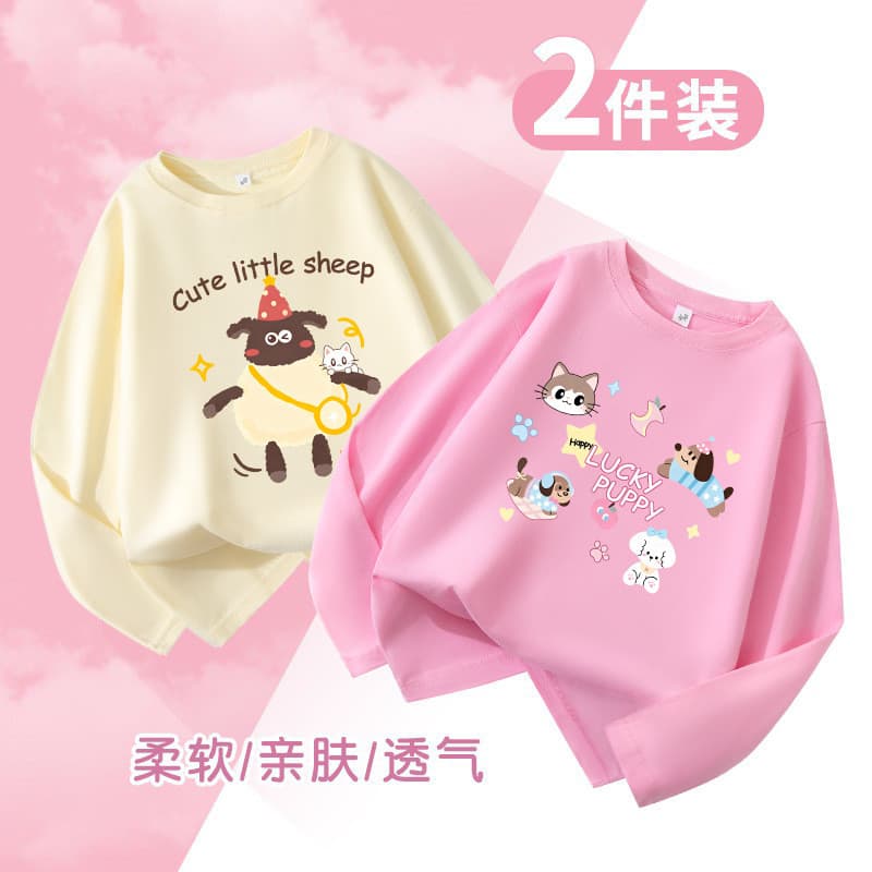 Camiseta infantil de manga comprida de algodão puro primavera outono meninas moda desenho animado Tops médio grande roup