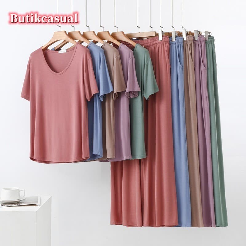 Modal Decote Em V Manga Curta T Camisa Calças De Perna Larga 2 Pçs Conjunto Feminino Primavera Verão Solto Plus Size Cas