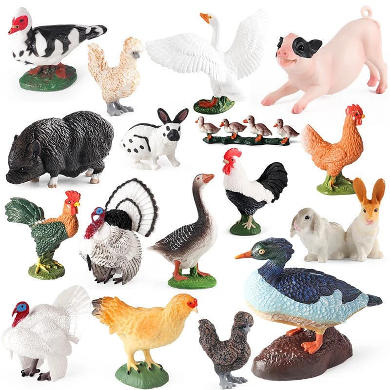 Figuras de Ação de Animais de Fazenda Galo Galinha Peru Ganso Pato Coelho Porco Aves Modelo Miniatura Educação Brinquedo