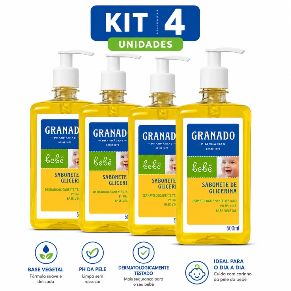 Kit 4x Sabonete Líquido de Glicerina Granado Bebê 500ml  Suave Hidratante e Seguro para Uso Diário