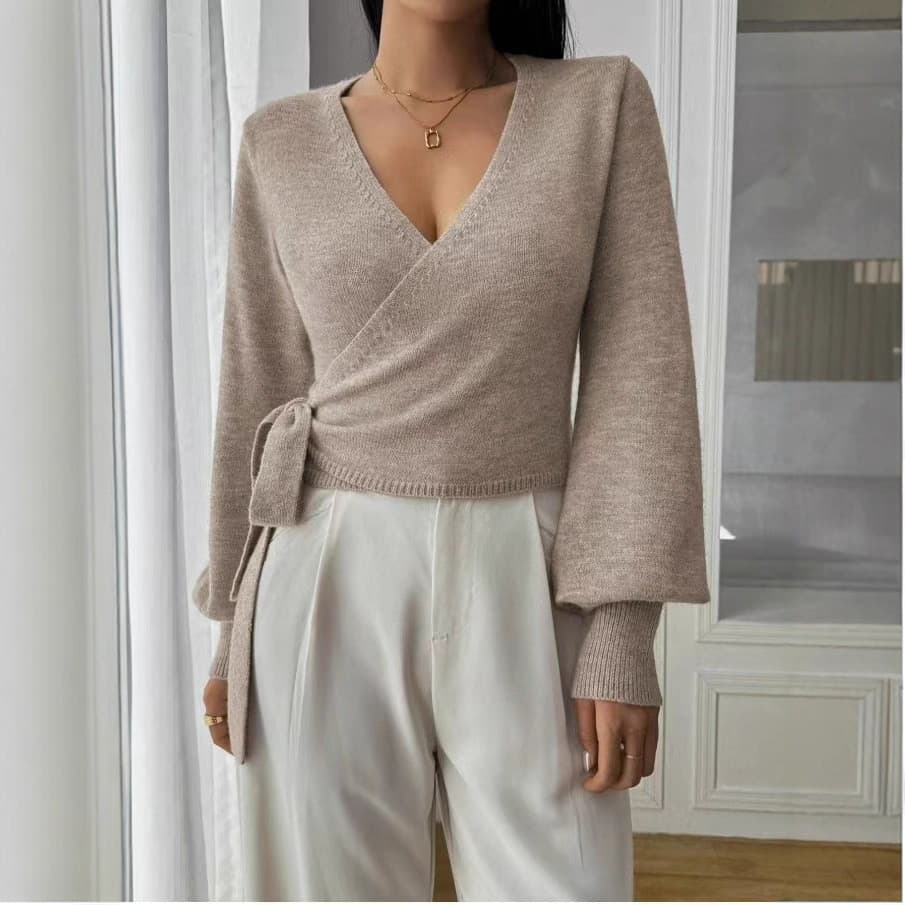 Europeu americano cruz com decote em V camisola de fundo outono inverno Irregular rendas elegante lã curto topo feminino