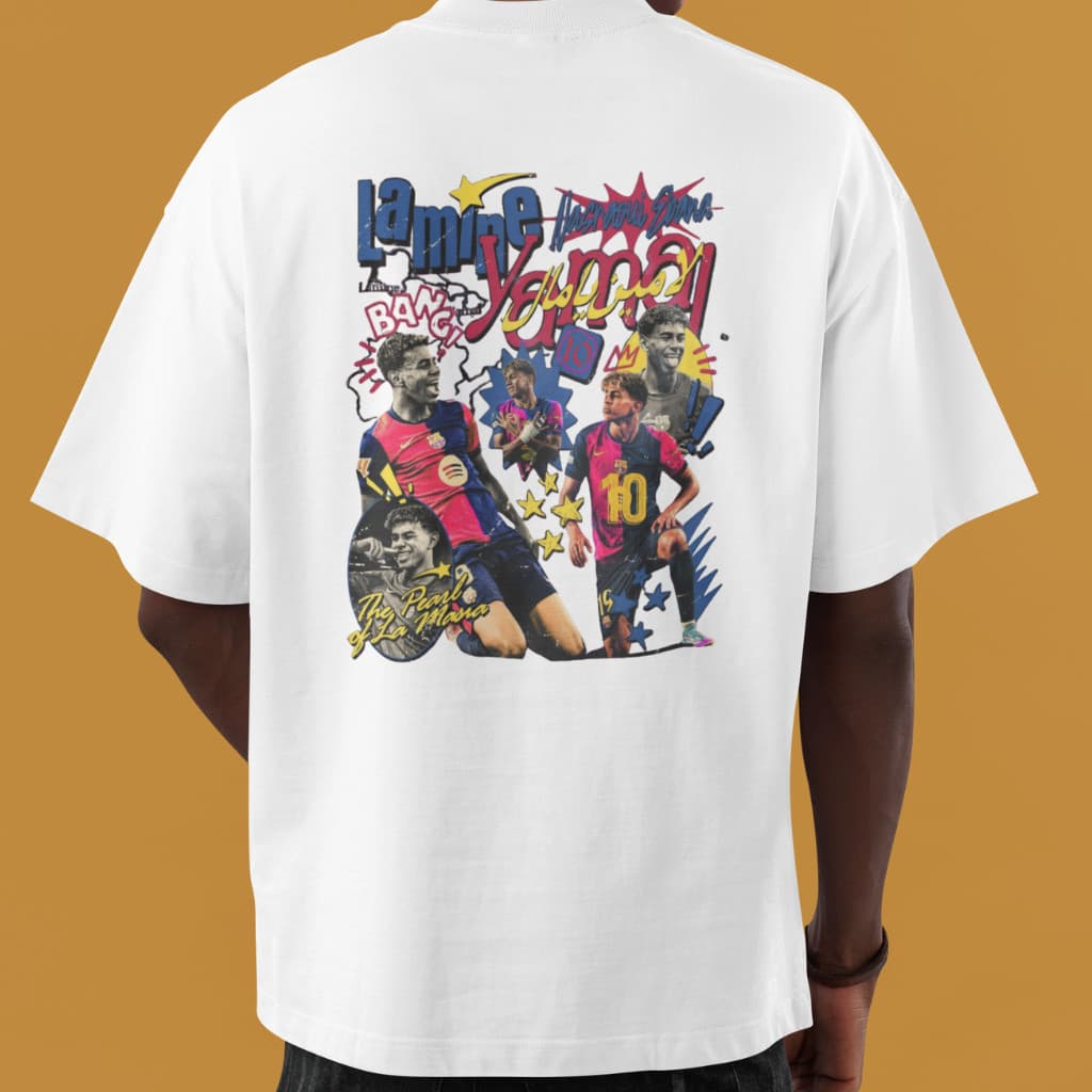 Camiseta Lamine Yamal Streetwear Barcelona Jogador Futebol Estilo Urban Graffiti Cores
