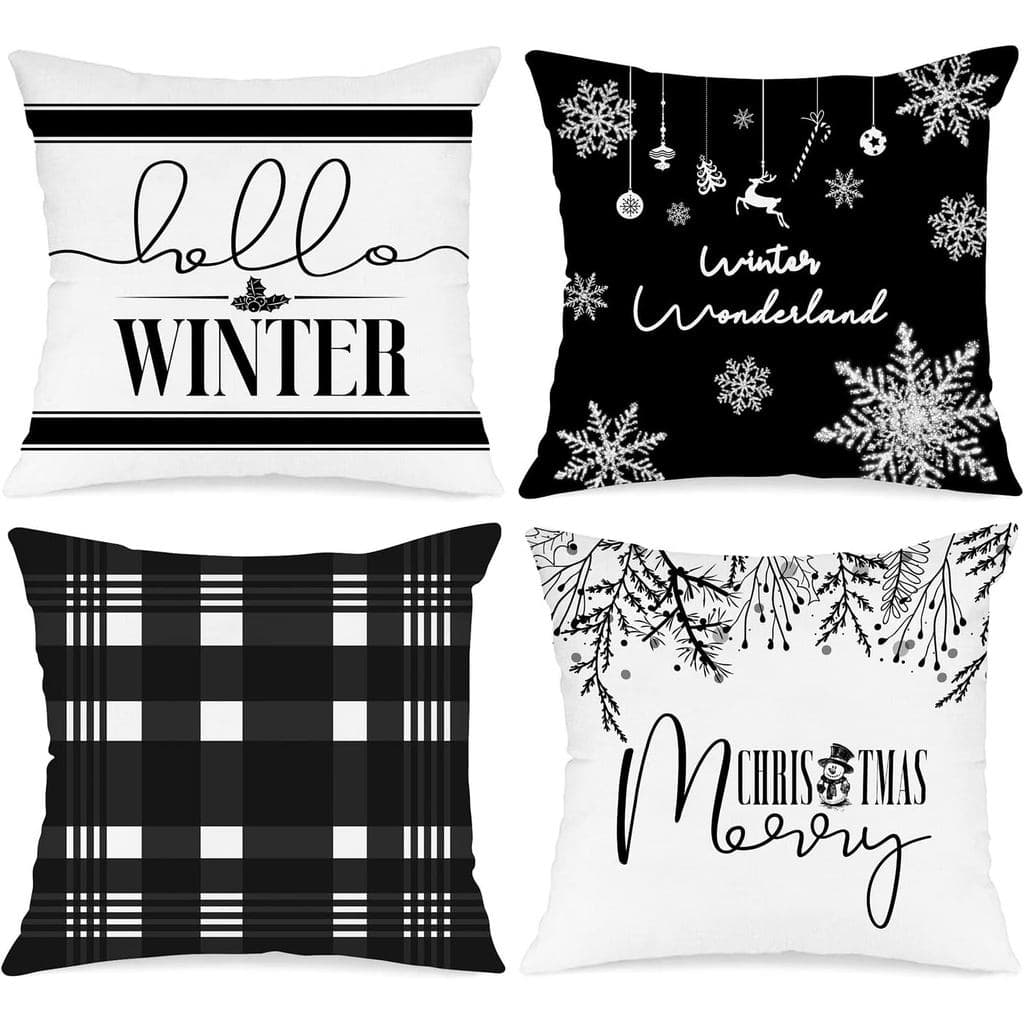 Capas de Almofada Decorativas Lanpn Hello Winter Merry Christmas 18x18, Conjunto de 4, Preto e Branco, 18 polegadas, Cap