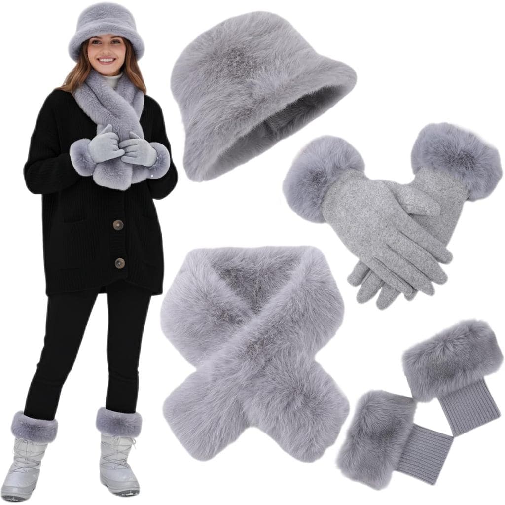 Suhine Conjunto de 4 Peças de Pelo Sintético para o Inverno: Gola de Pelo, Chapéu de Pelo, Cachecol, Luvas e Aquecedor d