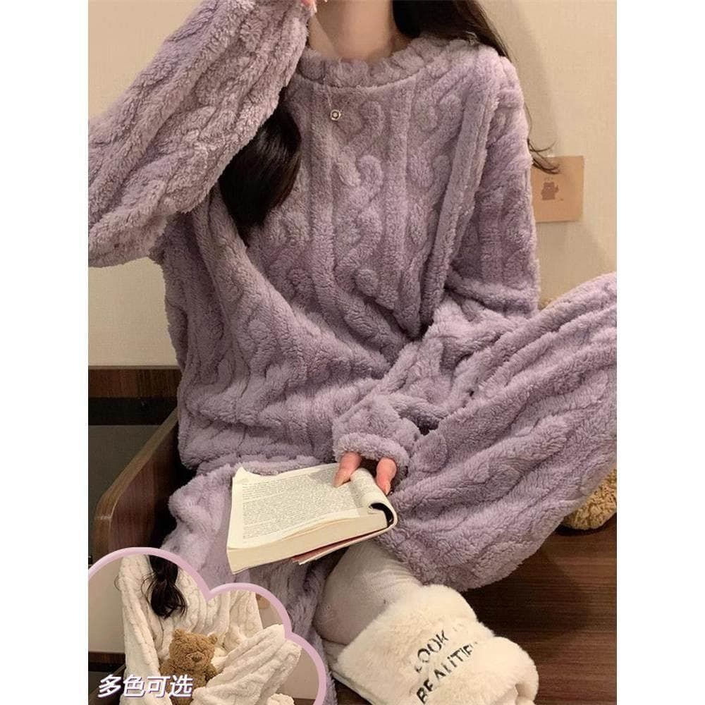 Pijamas de lã Coral feminino outono inverno 2026 novo estilo forro de lã engrossado calças de aquecimento inverno solto