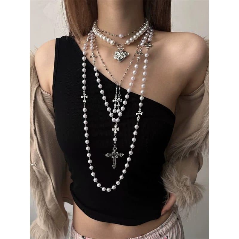 Y2k estilo indústria pesada Multi-camada empilhamento pérola cruz colar feminino nicho luz Design de luxo sentido subcul