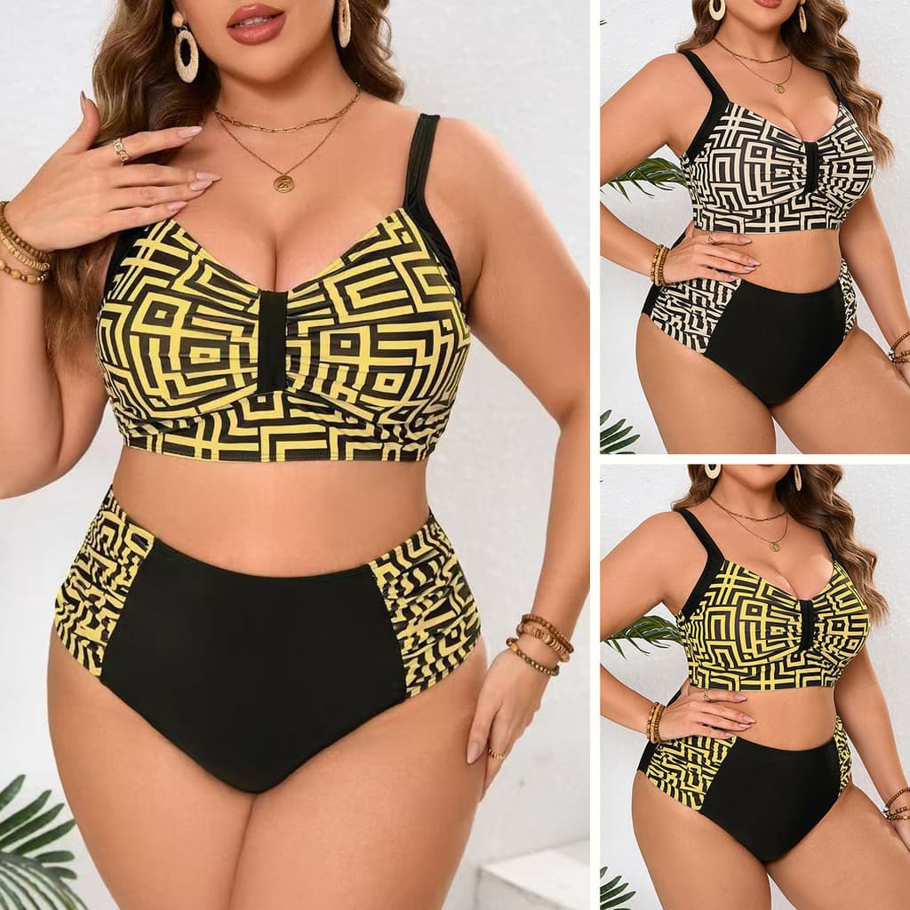 Conjunto de biquíni feminino plus size de cintura alta, estilo boêmio, com padrão geométrico e costura em patchwork colo