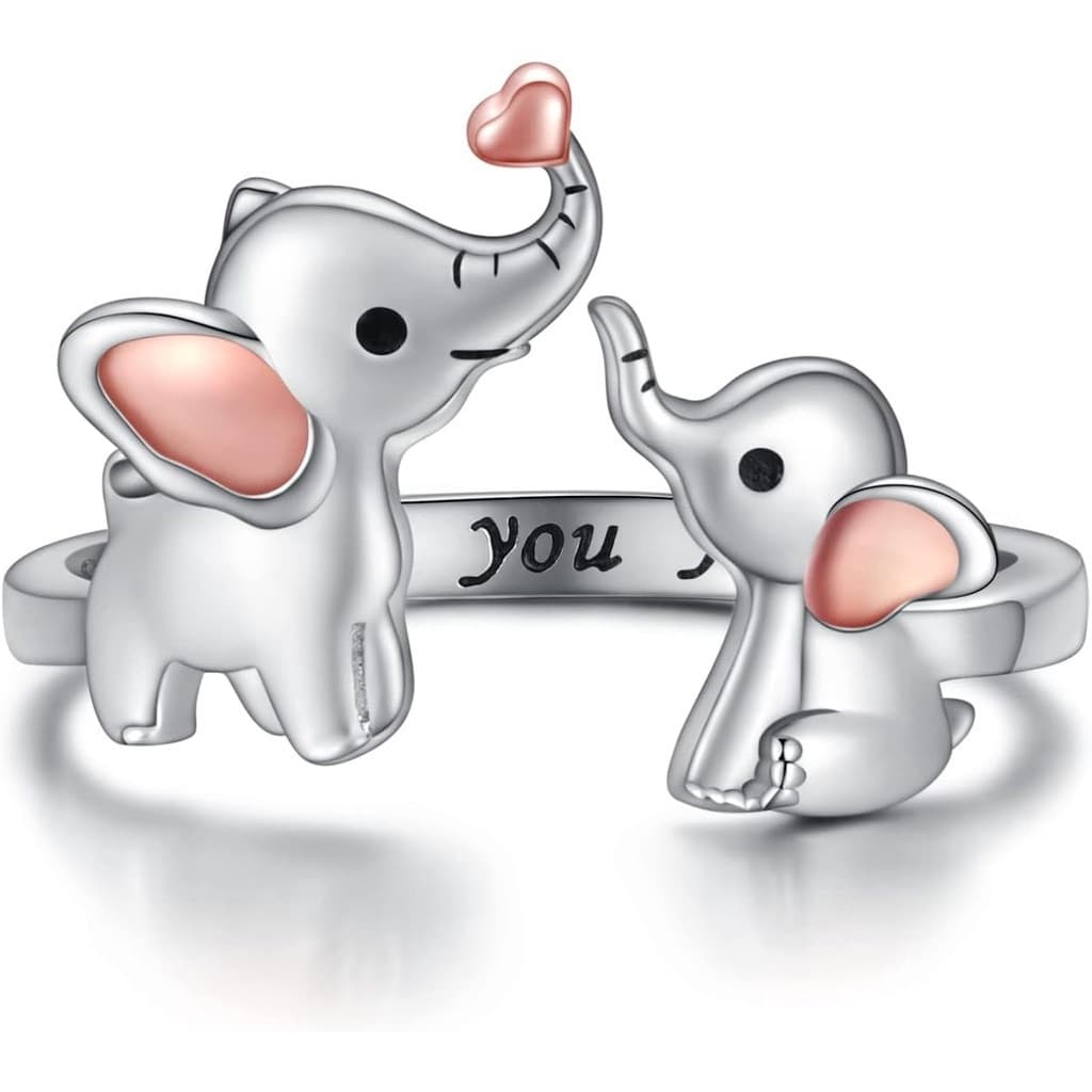 Anel de Prata para Mãe e Filha, Elefante – Anéis Ajustáveis em Forma de Coração, Presentes de Joias para Mulheres, Espos