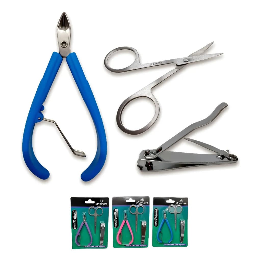 Kit Manicure com Alicate de Cutícula Tesoura Curva e Cortador de Unha