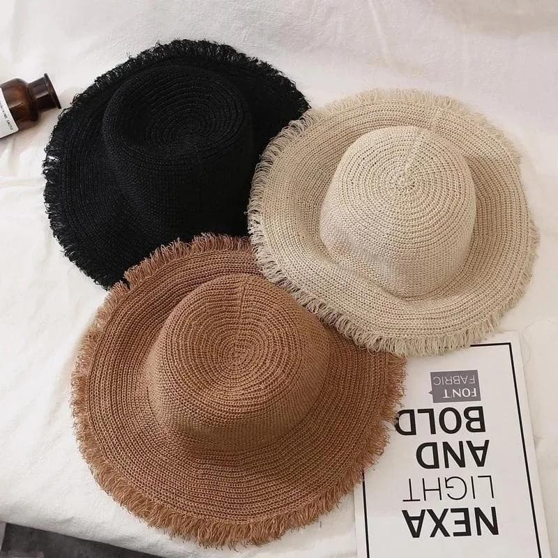 Moda Feminina Larga Grande Praia Cor Sólida Viseira Chapéu De Palha Feminino Proteção Solar Chapéus Senhora Acessórios D