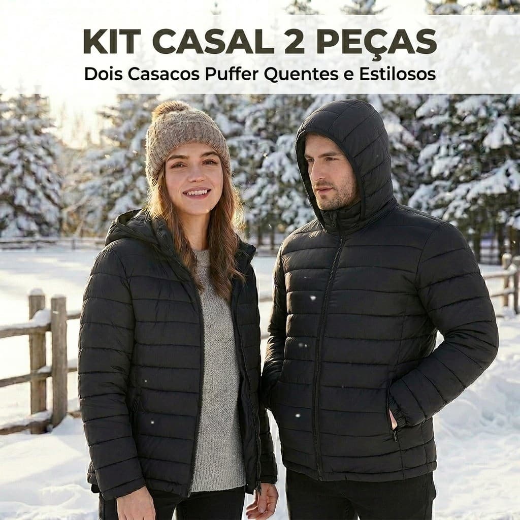 Kit Casal Jaqueta Puffer Premium Masculina + Feminina Impermeável com Capuz Inverno Frio Intenso