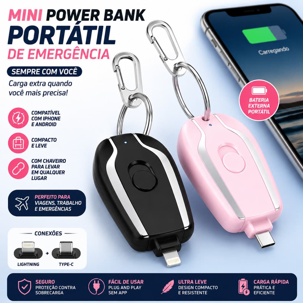 Mini fonte de alimentação portátil de emergência para iPhone e Android, com chaveiro e carregador compacto.