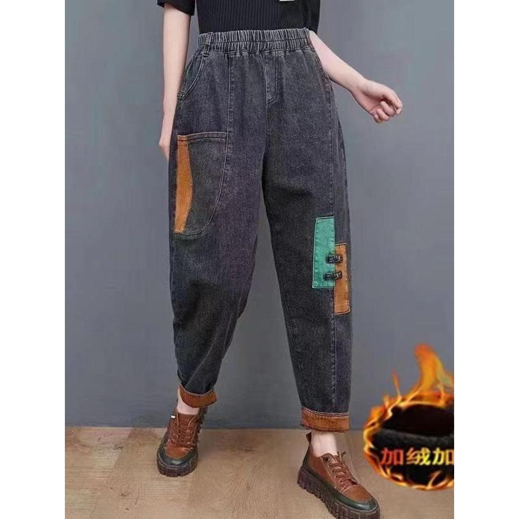Outono inverno literário Retro remendo folha/Jeans de lã feminino cintura alta solto mais magro olhar All-Match