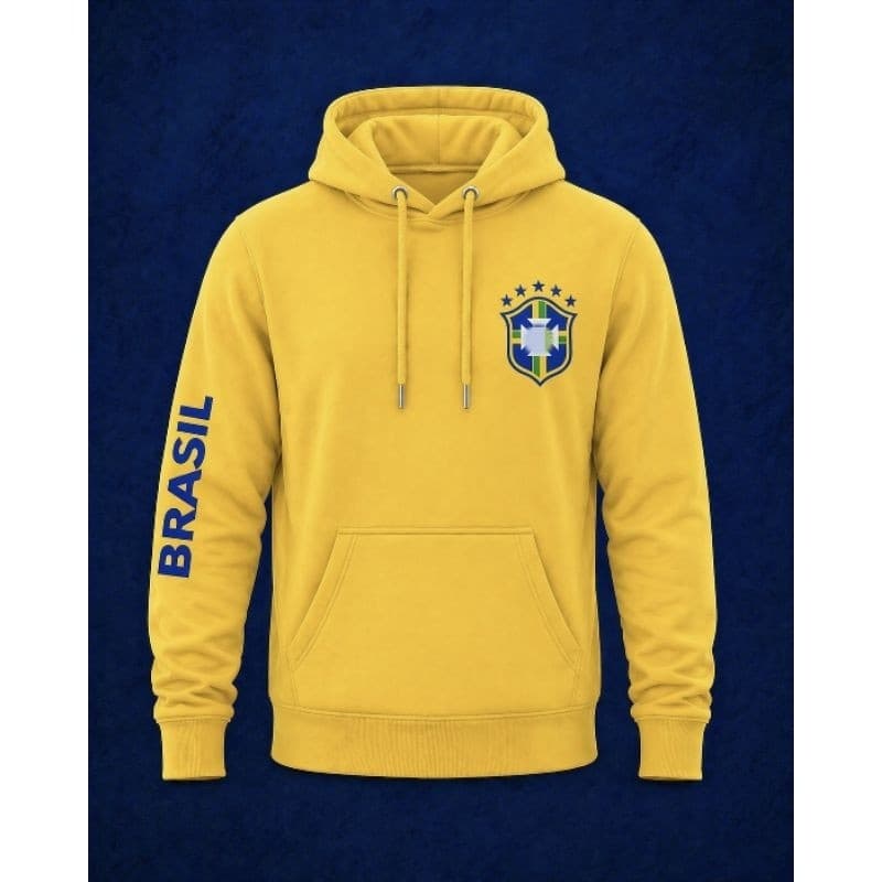 Moletom Capuz Flanelado Blusão Canguru Brasil Amarelo Masculino Feminino  Estampa Casual Inverno
