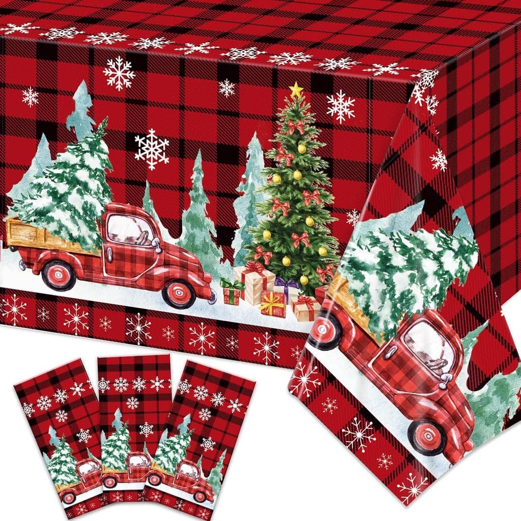 Toalha de Mesa de Natal com Estampa de Caminhão Vermelho e Xadrez Buffalo, Toalha de Mesa com Flocos de Neve para Decora