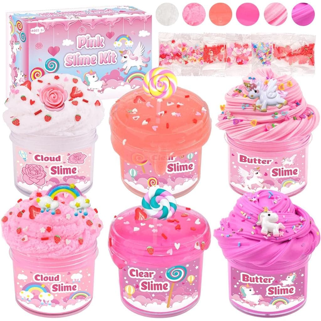 Kit de Slime Rosa com 6 Pacotes, Slime Manteiga, Transparente e Nuvem com Pirulito Fofo, Flor, Unicórnios, Enfeites de A