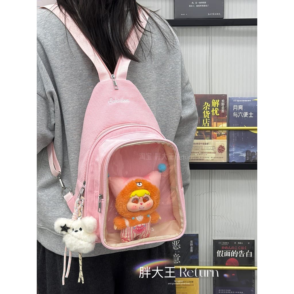 Estilo feminino japonês grande capacidade bonito saco de dor ins mochila transparente bidimensional 20CM saco de bebê se