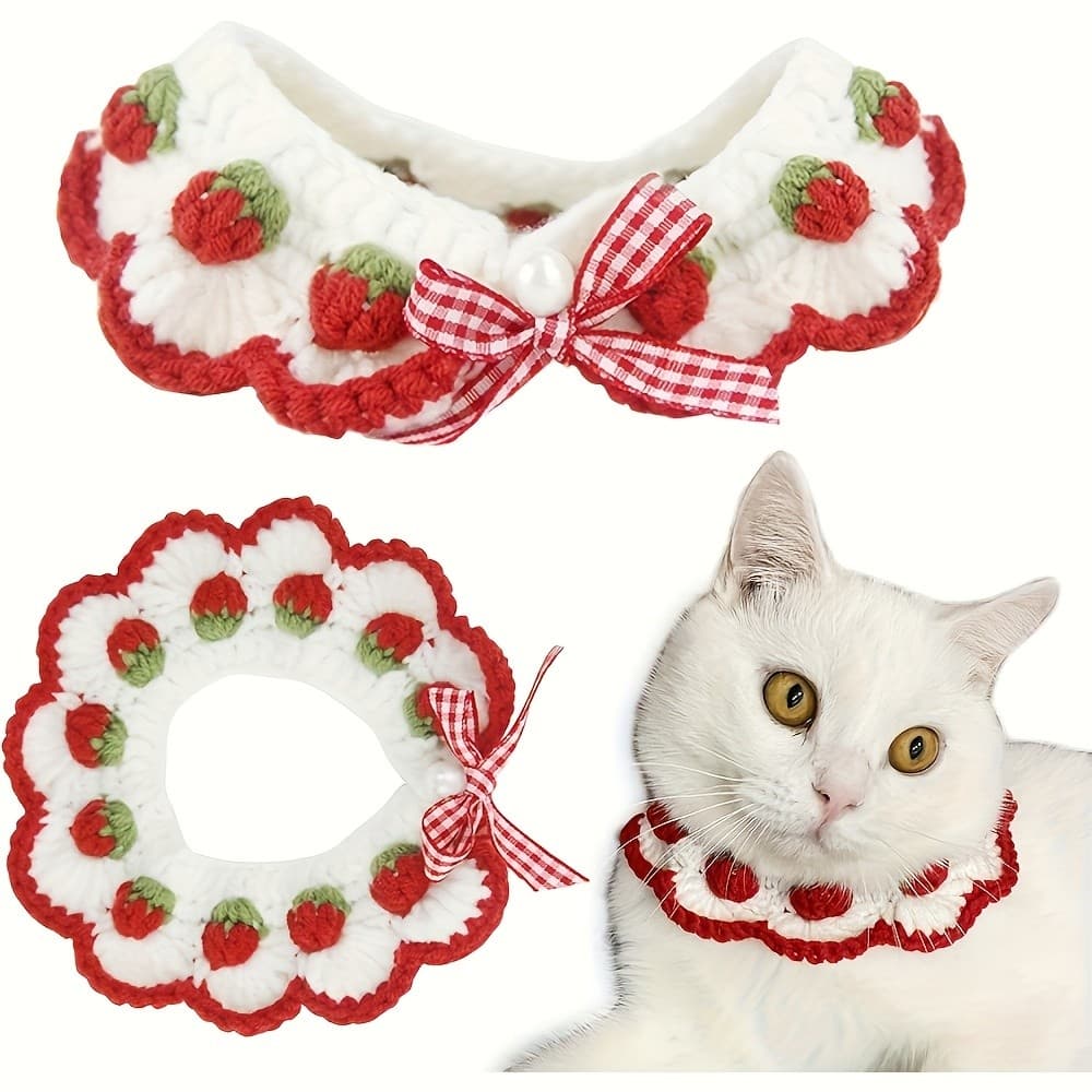 Cachecol para animais de estimação feito à mão em crochê com estampa de morango! Confortável, Macio e Respirável, Adorno