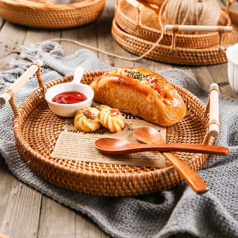 Bandeja de pão de vime japonesa vietnã cesta de café da manhã tecida à mão prato de frutas de orelha dupla cesta de pão