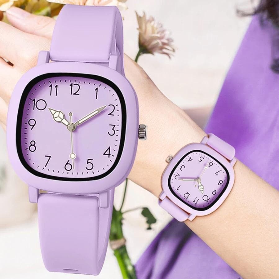 Relógio feminino elegante com mostrador quadrado, numerais arábicos, pulseira de silicone e mostrador esportivo, adequad