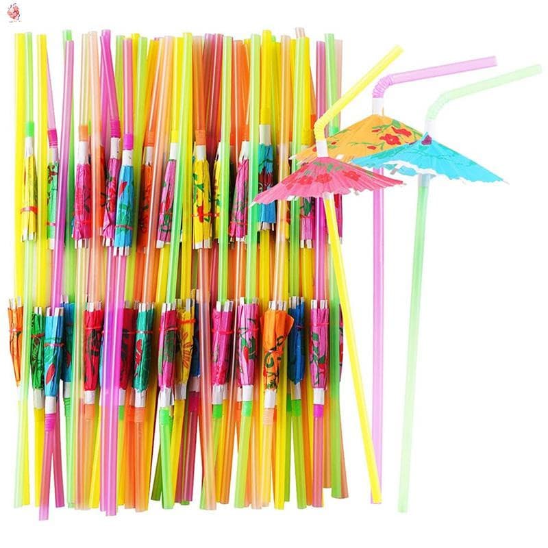 100 canudos descartáveis coloridos em formato de guarda-chuva, adequados para festas com tema de praia, decorações de co