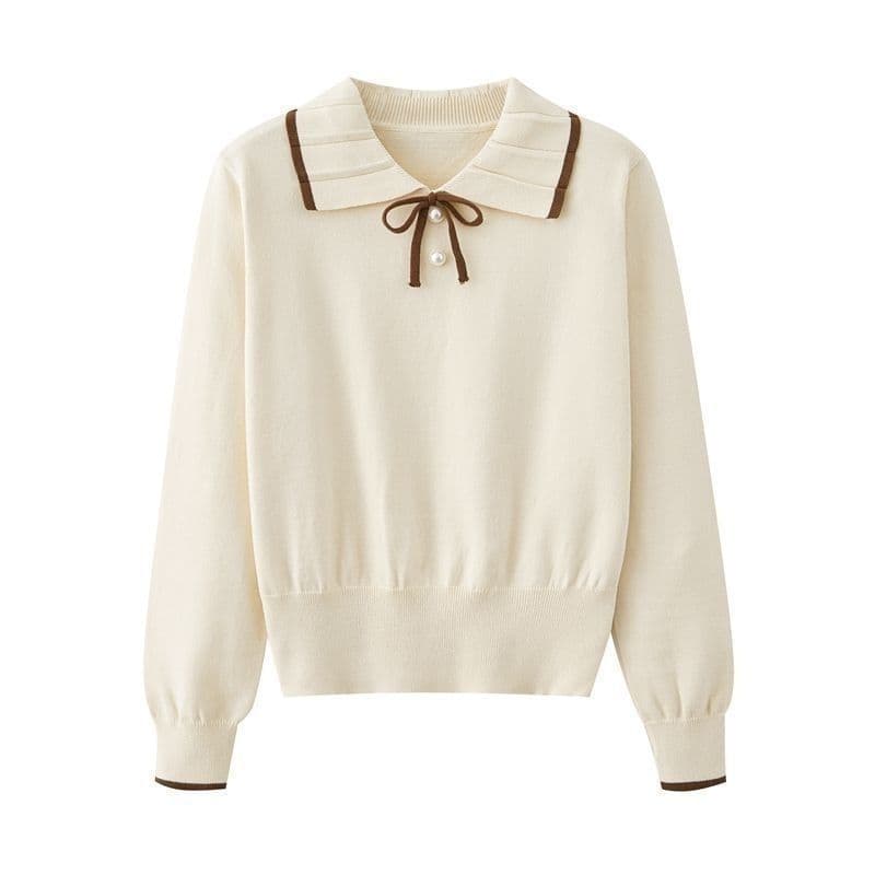 Gola de boneca malhas camisola feminina outono inverno camisa de fundo feminino Bowknot manga comprida lapela alta