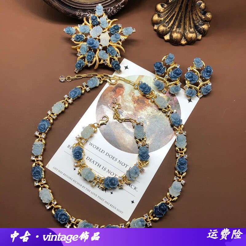 Conjunto de jóias medievais azul geléia resina gradiente rosa flor colar pulseira brincos broche jóias