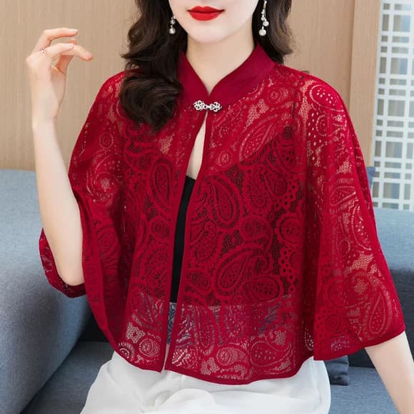 Renda protetor solar pequeno xale verão com saia mãe manto capa influenciador Cheongsam exterior Cardigan senhoras jaque
