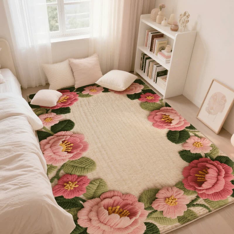 Ins estilo meninas quarto cabeceira tapete estilo creme tira longa antiderrapante engrossado flor quarto Bay janela vara