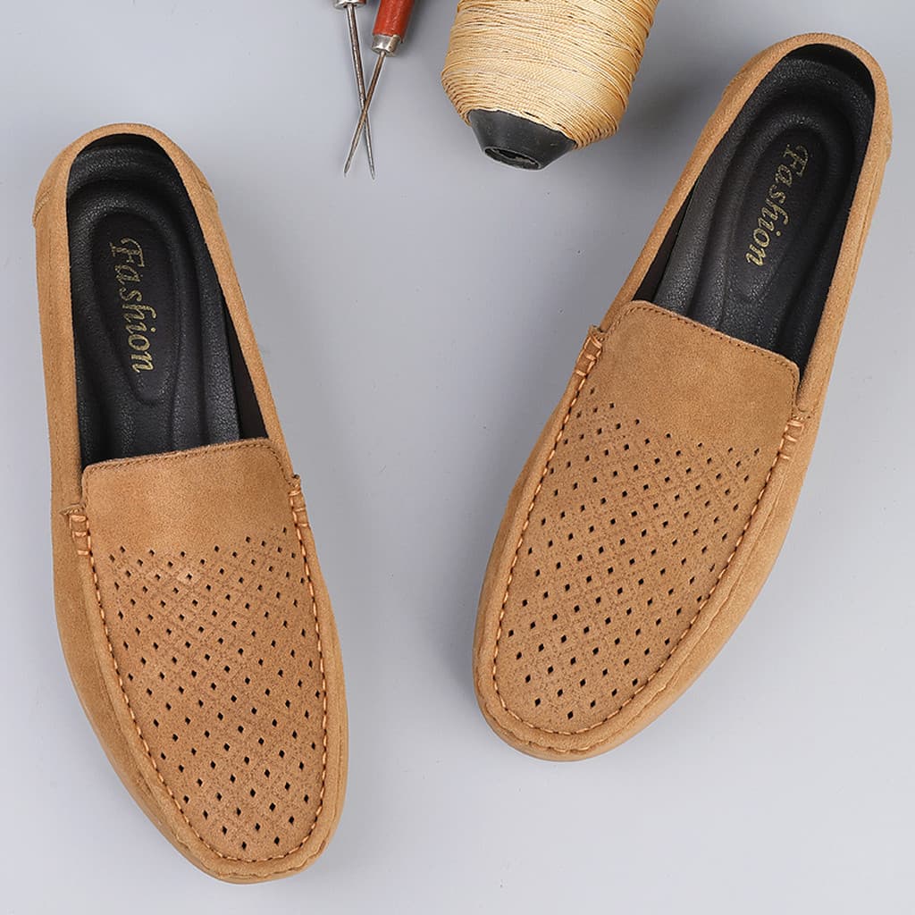 Sapatos de ervilhas ocas masculinos de couro genuíno verão respirável sem cadarço sapatos masculinos estilo fino desliza