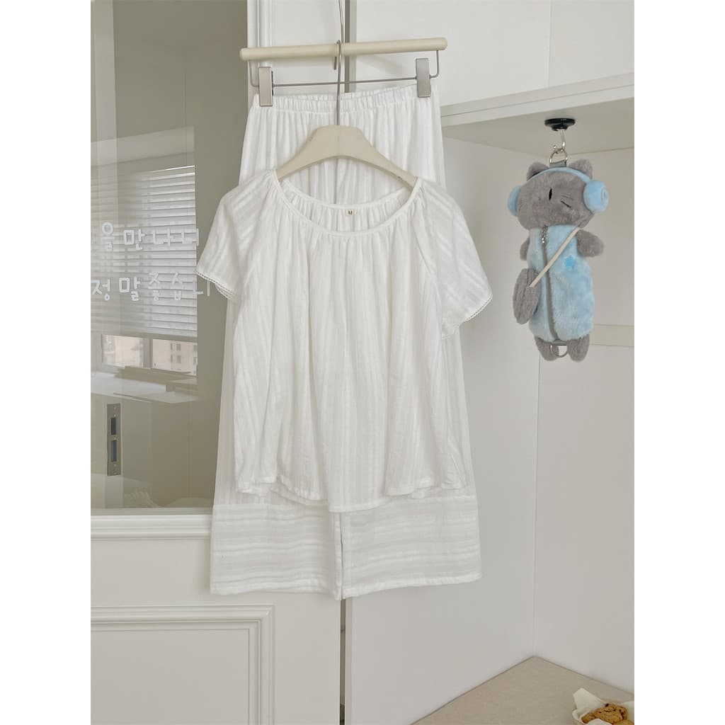 Sombra em nuvem |Pijamas de algodão puro feminino verão calças de manga curta fino branco estilo fada primavera verão Hi