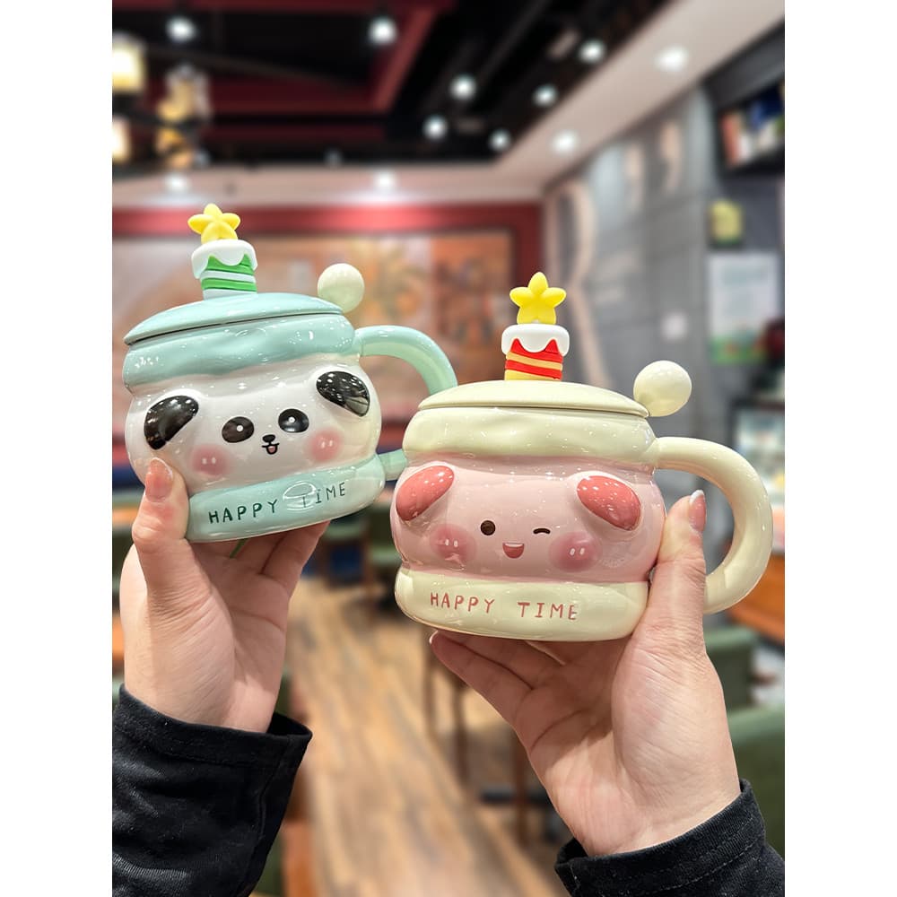 Presente de aniversário bolo caneca com tampa colher casa bonito café cerâmica copo água menina lembrança prática