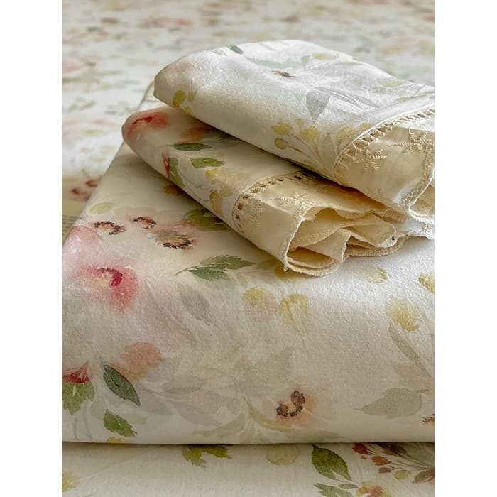 Lençol de algodão lavado com sensação de nuvem, lençol Floral fresco, conjunto de três peças, lençol de renda, padrão de