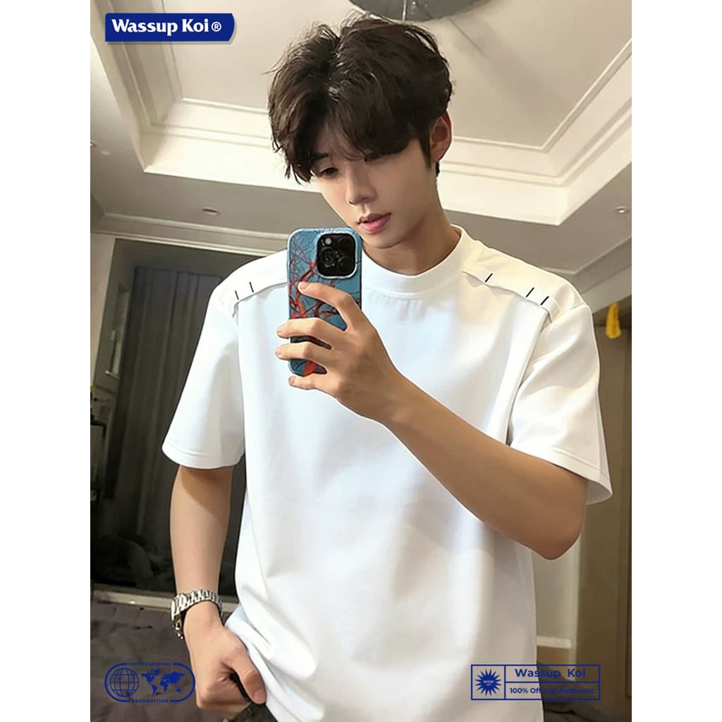WASSUP KOI Camiseta masculina de manga curta com costura pesada, verão, solta, roupa de rua, bonita, americana, solta, e
