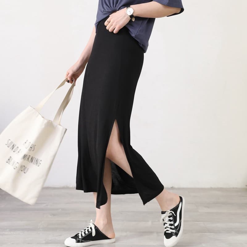 Saia longa com fenda lateral saia feminina primavera verão fina cintura alta novo estilo pequena saia preta saia de fund
