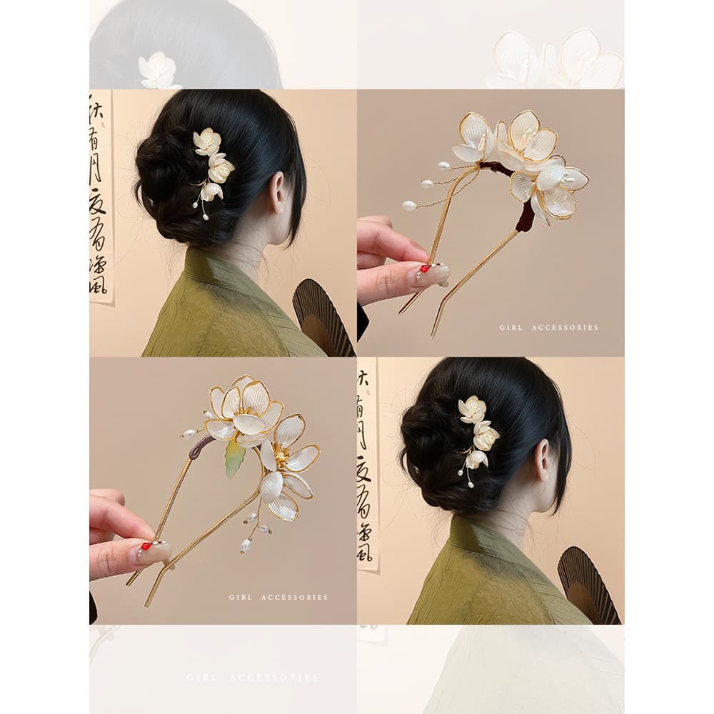 Magnólia flor em forma de u hairpin novo estilo chinês torcido flor pente hairpin flor cocar antigo Cheongsam hairpin bo