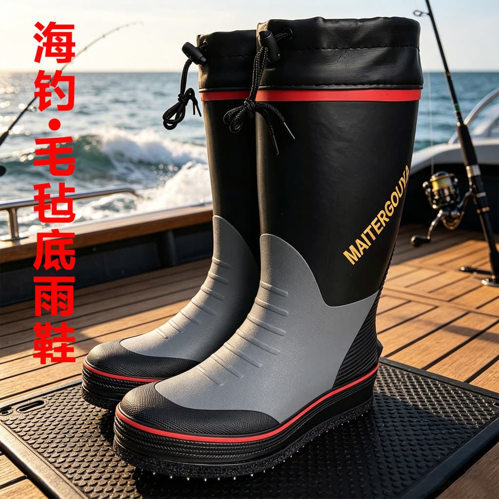 Botas de chuva de ponta de aço com sola de feltro, botas de chuva de cano alto de borracha para homens, pesca à beira-ma