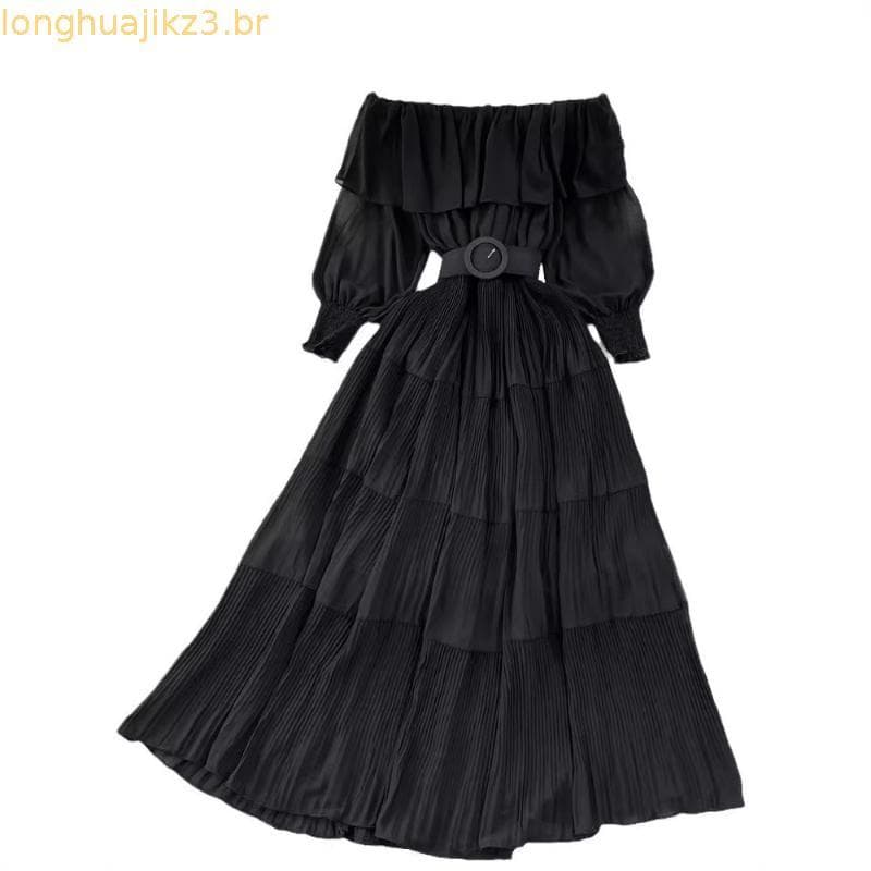 Vestido De Festa De Verão Chiffon Sólido Elegante Vestidos Rufos Pregueados Moda Francesa Oferta De Ombro Slim Cinto De