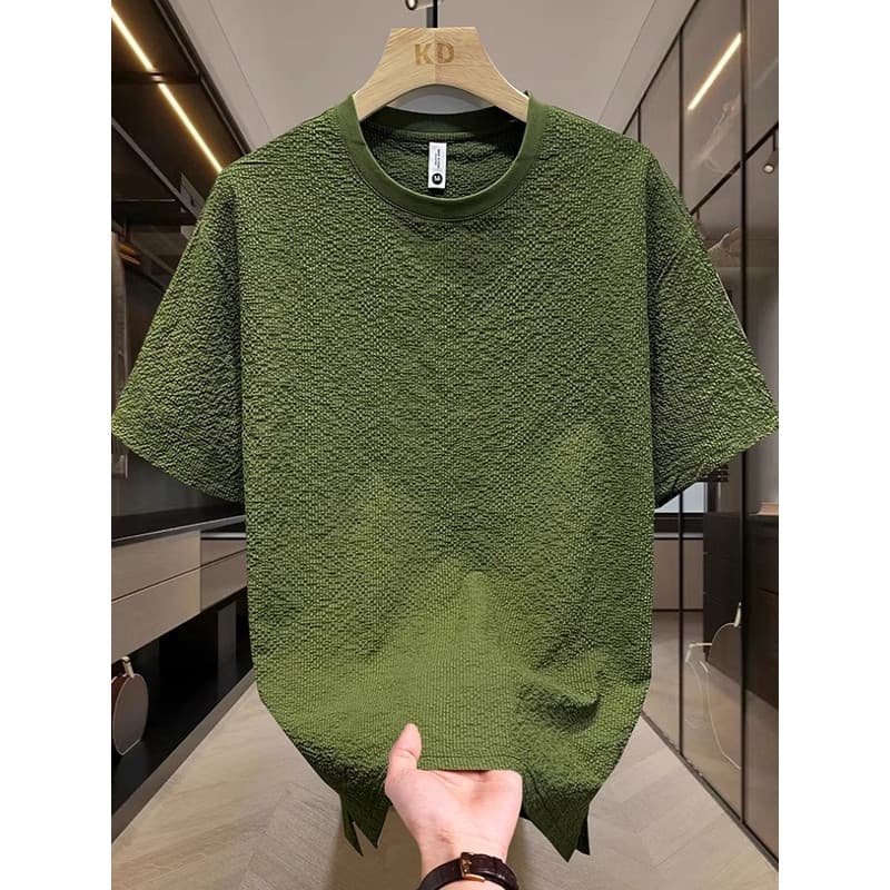 Verão Seersucker High-End texturizado colete em torno do pescoço masculino de manga curta camiseta fina magro-F