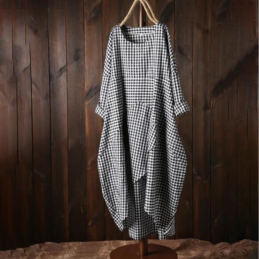 Novo Vestido casual De Manga Comprida Com Costura Xadrez E Gola Redonda