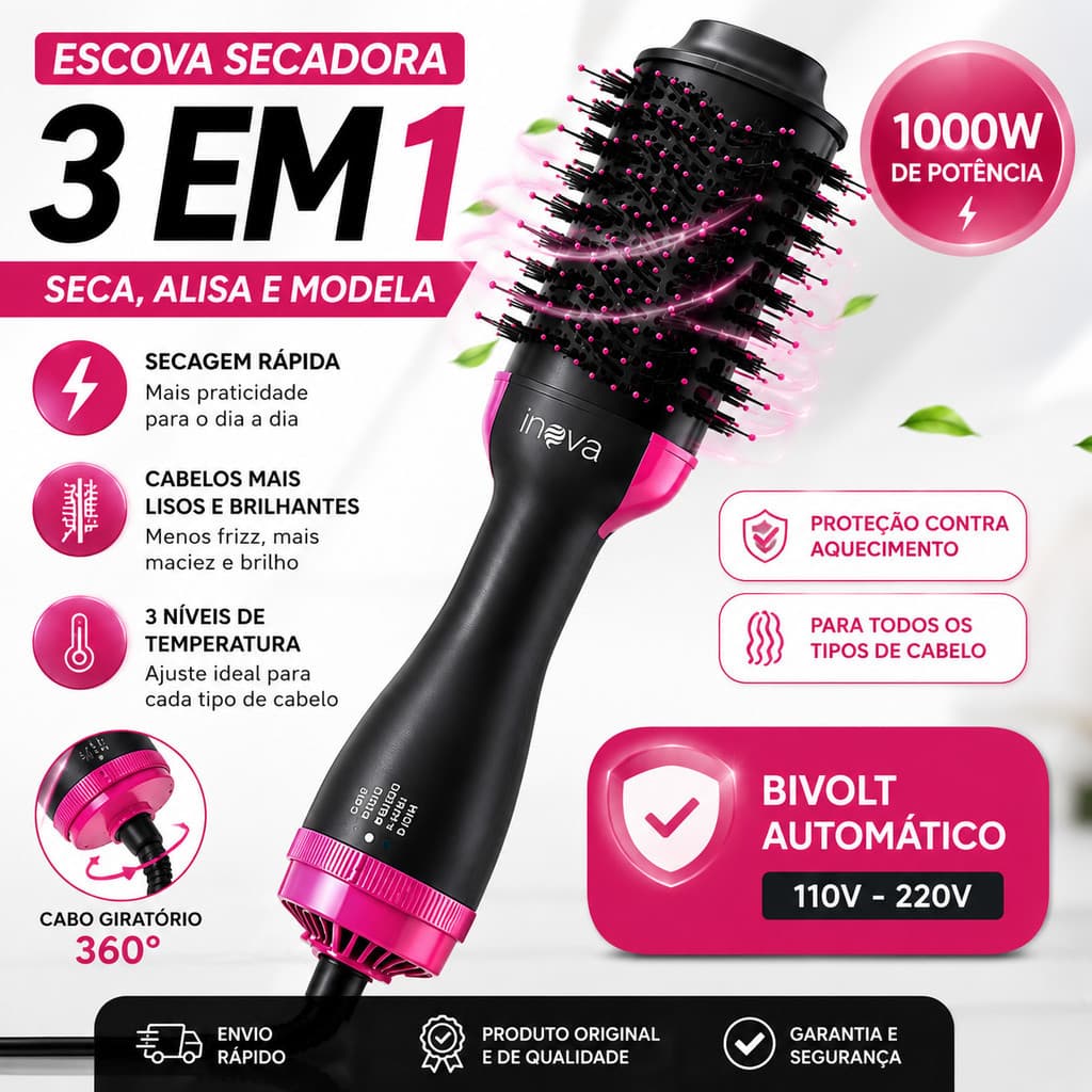 Escova Secadora Profissional 3 em 1 Anti Frizz 650W Seca Alisa Modela DRS-12900 Bivolt